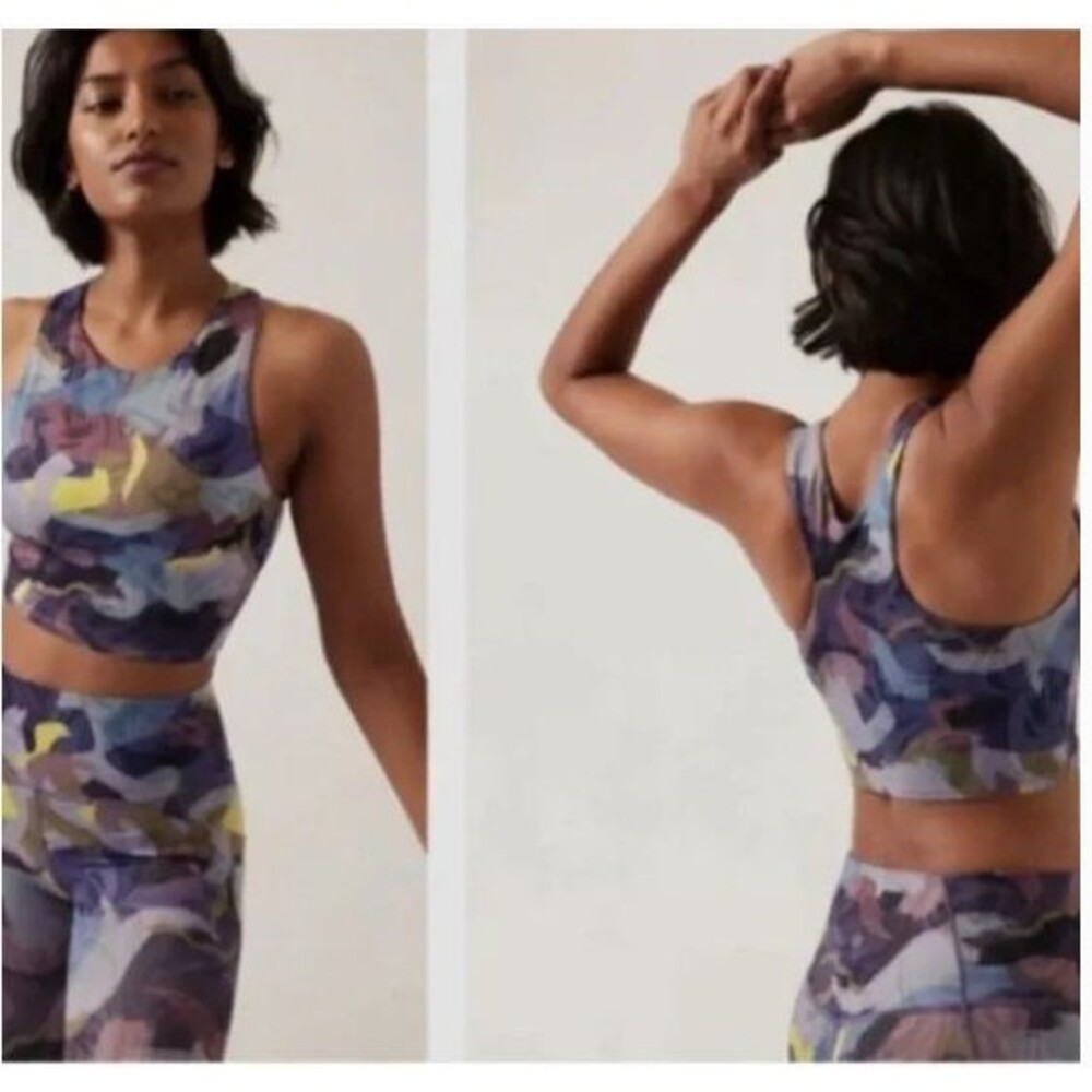 Athleta Camouflage Print Racerback Sports Bra in Purple, Blue, Yellow